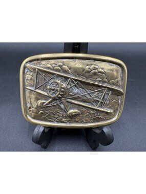 Vtg Airplane Biplane Aviation Belt Buckle Avon Propeller Brass 1985 US Seller